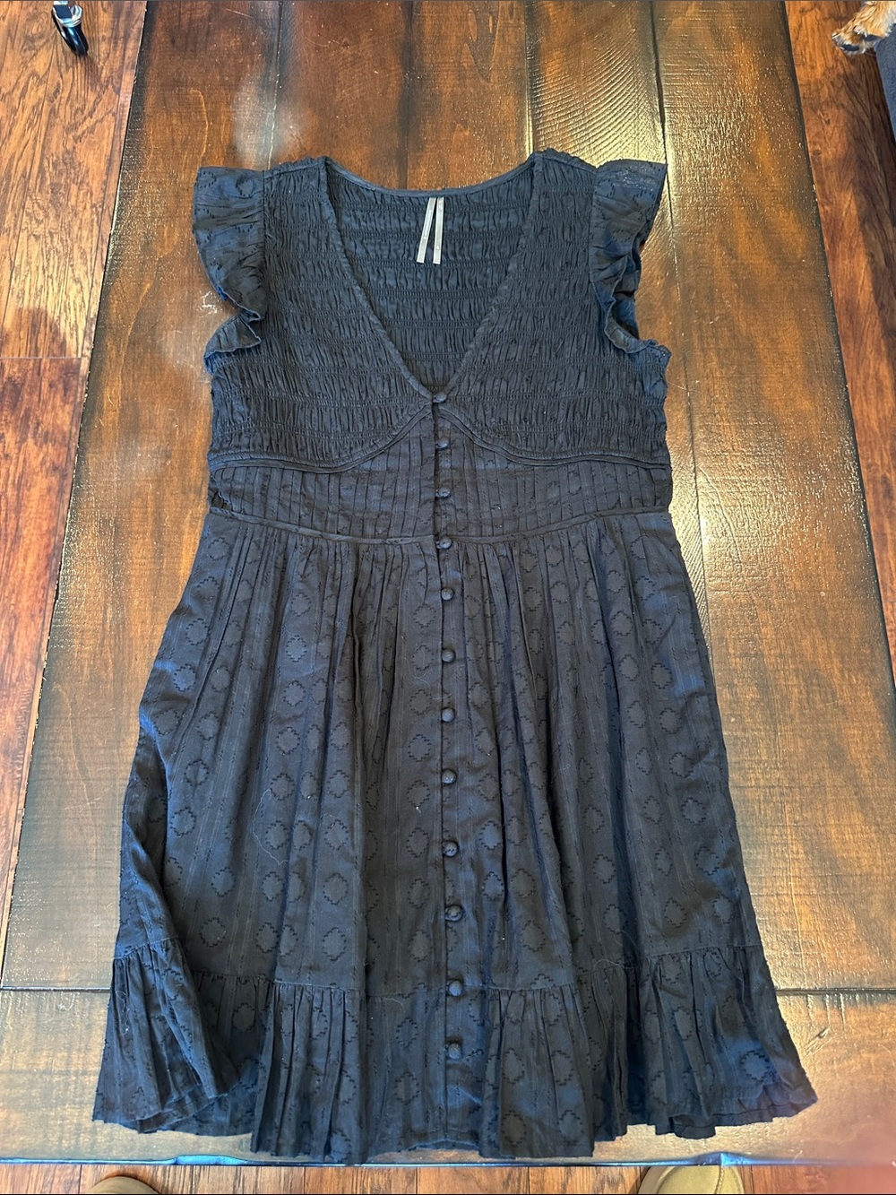 Anthropologie Black Button-Front Mini Dress with Ruffle Sleeves petite S